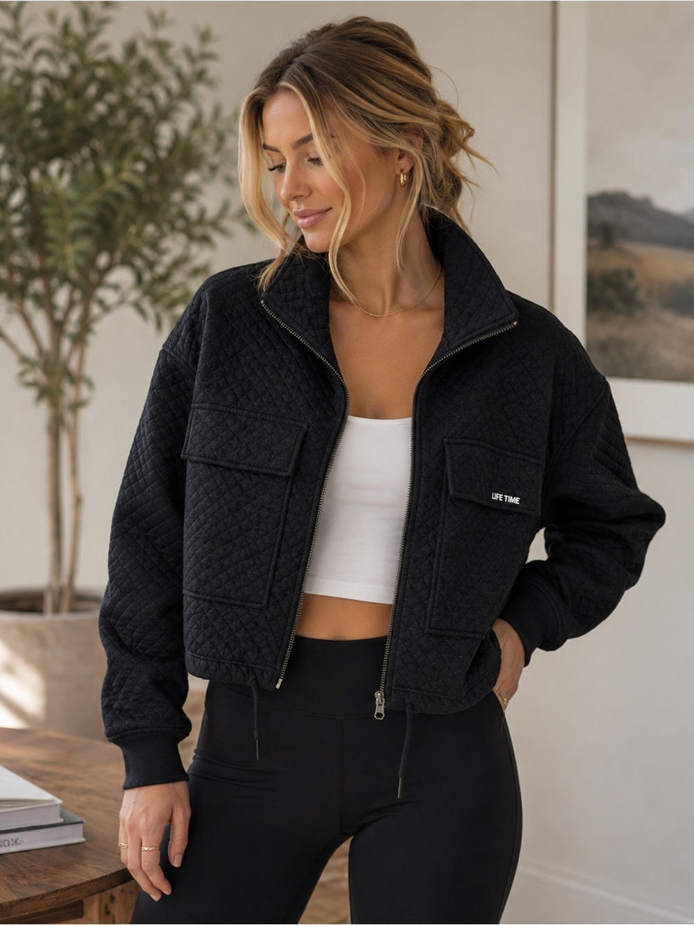 Black Quilted Zip-Up Jacket
